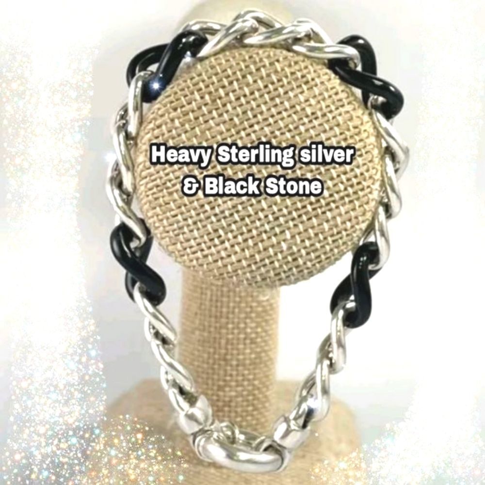 HEAVY STERLING SILVER 925 BRACELET 7.75" BLACK STONE 21.6G AMAZING VTG CI SIGNED - Picture 7 of 14